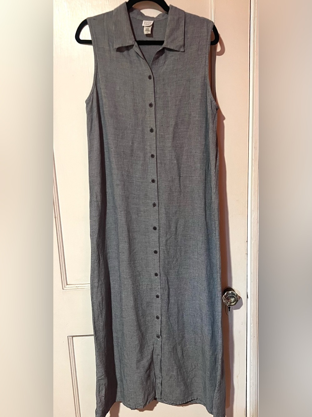 Eileen Fisher Black and White Micro-Check Sleeveless Button-Down Maxi Dress